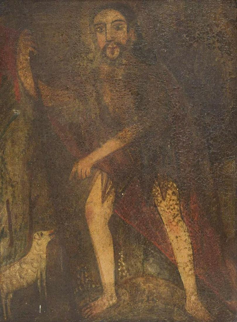 Spanish Colonial Era Retablo, Juan el Bautista: Mexican folk art religious retablo, depicting John the Baptist, oil on canvas, framed, circa 1890 frame: 15"h x 21"w Provenance: A Bulverde, Texas collection We happily provide seamless shi