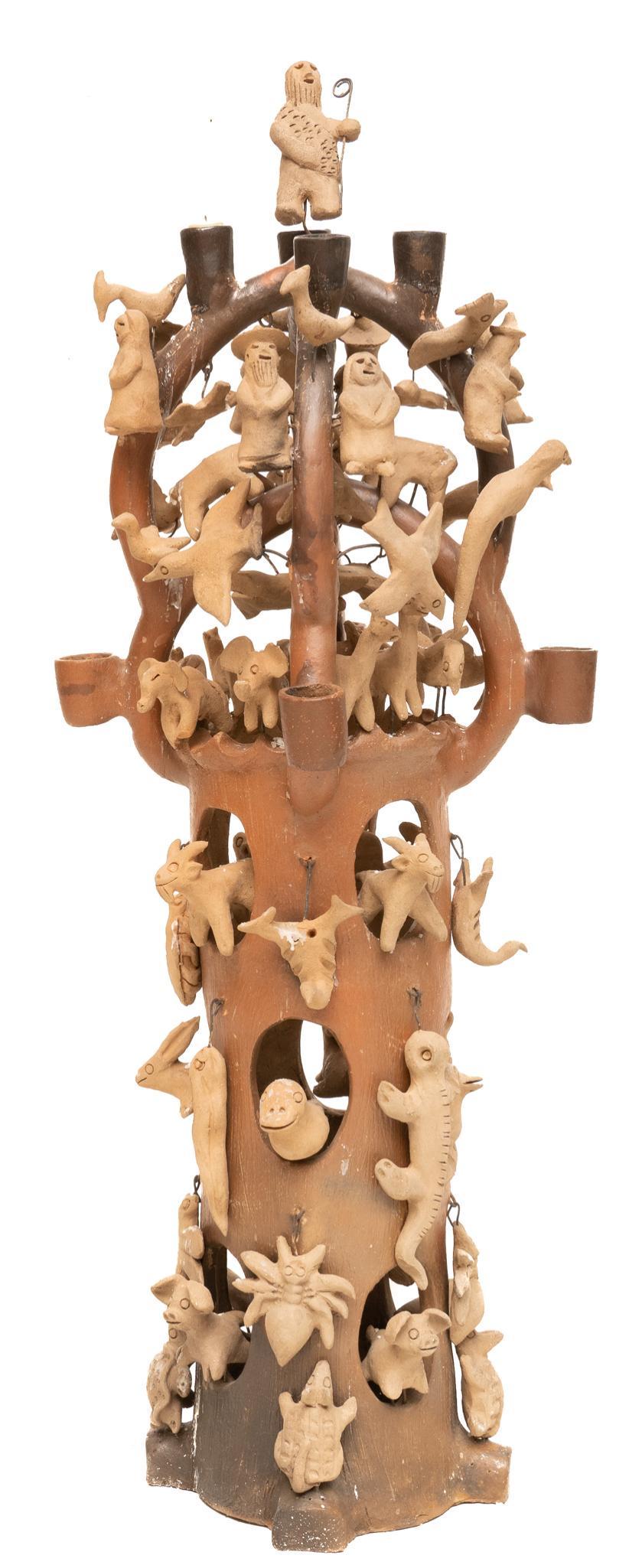 Tree of Life Ceramic Candelabra: Ceramic candelabra depicting the Tree of Life, signed "NESSER", unglazed ceramic and metal; featuring animal ornamentation, some affixed, some hanging, to include one candle size: 37 x 10.5