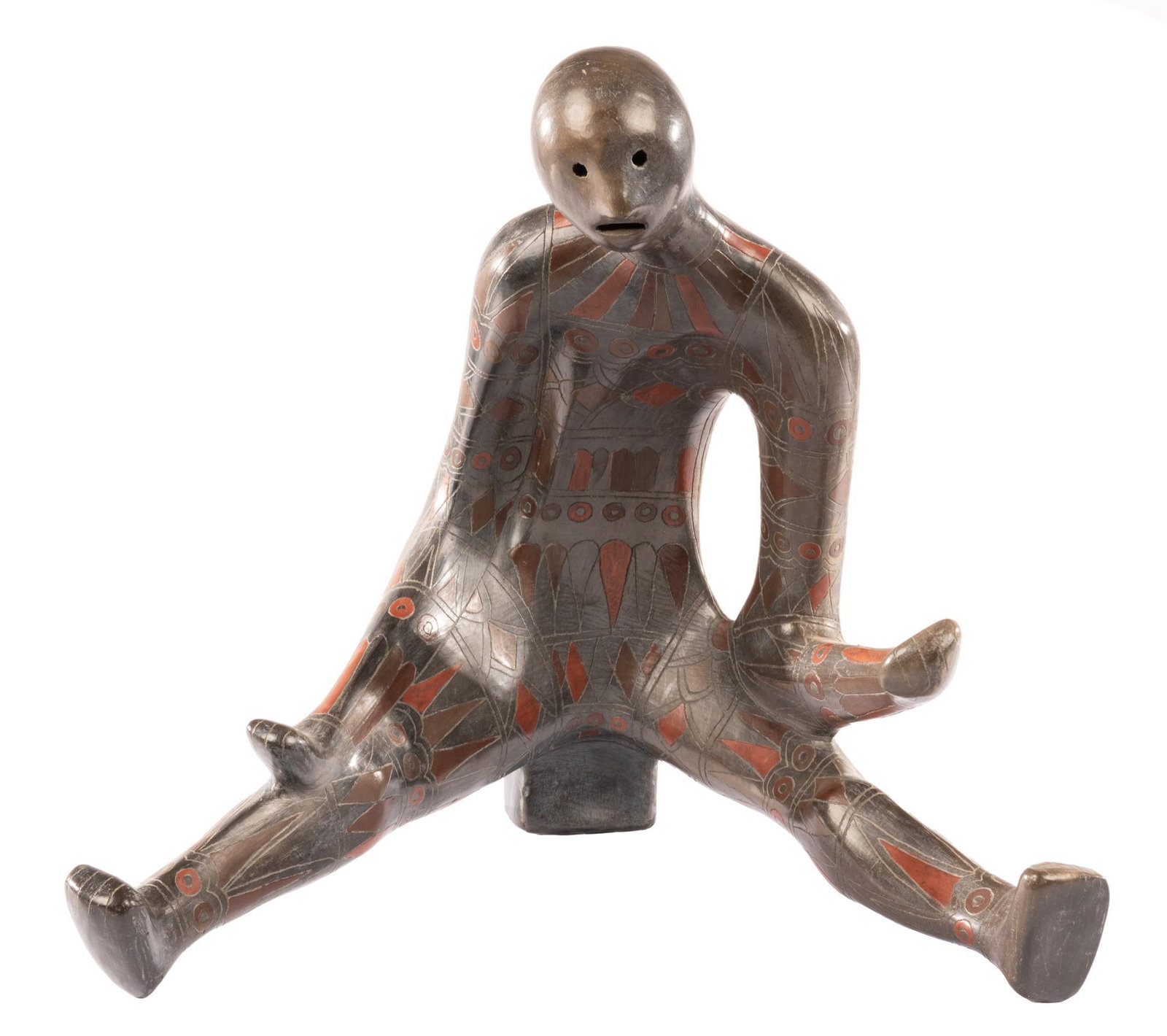 Manuel Felguerez (1928-2020, MEX), Seated Figure: Manuel Felguerez (1928-2020, MEX), seated figure with red geometric accents, terracotta sculpture, signed Manuel Felguerez was one of Mexico's leading abstract artists of the 20th century. He was 