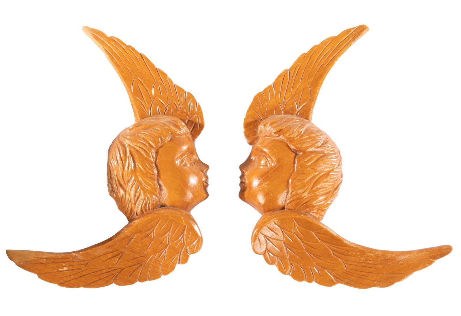 J. Pinal (1918, 1983, MEX) Hanging Cherub Sculptures: J. Pinal (1918-1933, MEX), pair of carved wooden hanging cherub sculptures, signed 10"h x 8"w x 1"d Provenance: A San Antonio, Texas collection We happily provide seamless shipping service