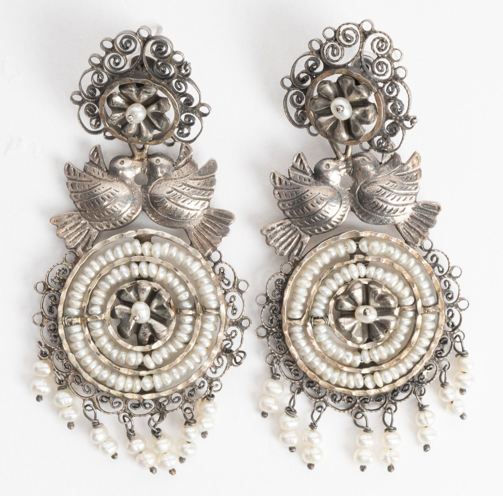 Vintage Mexican Lovebird Pearl Sterling Dangle Earrings (1 of 2)