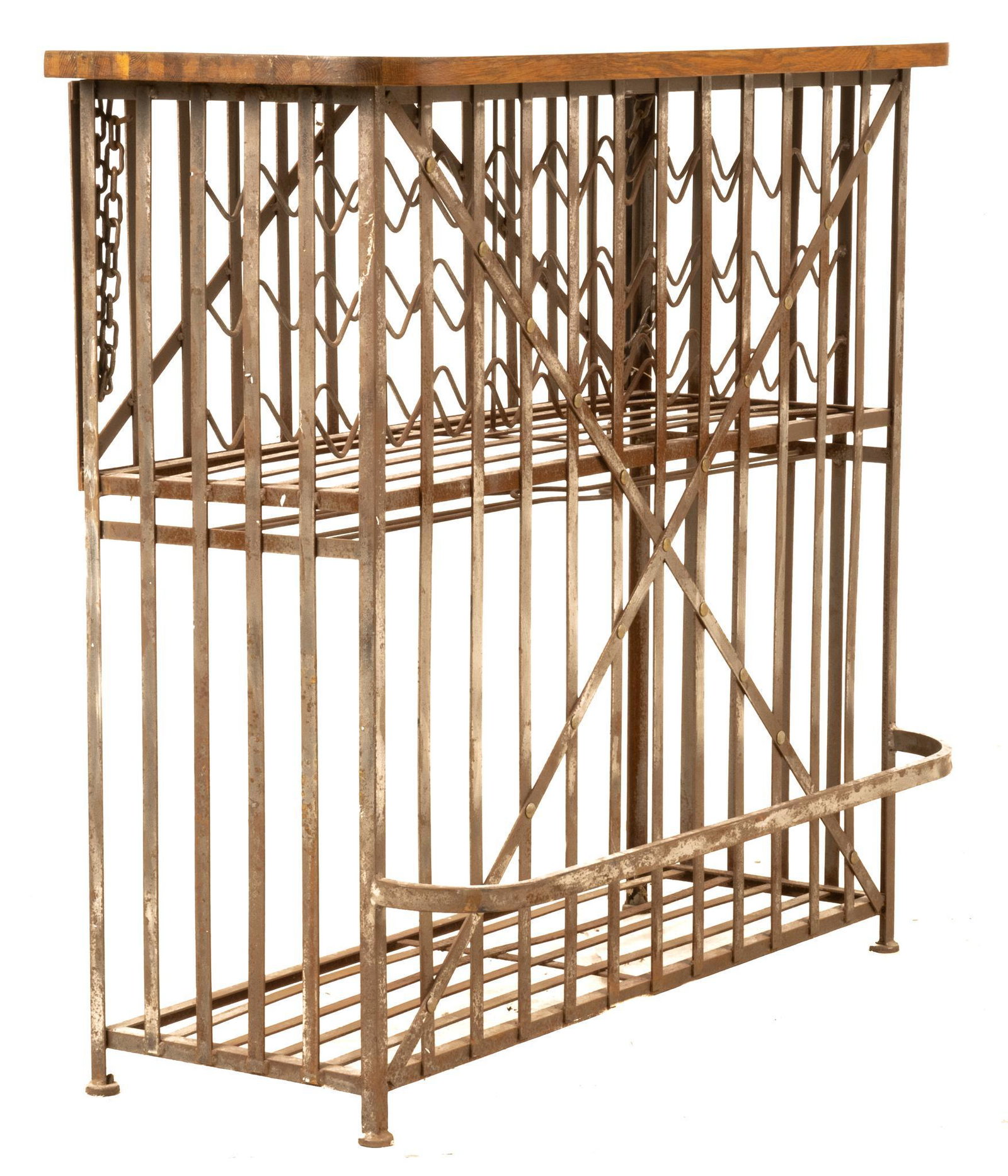 Vintage Wine Rack Bar: Vintage wine rack bar, having iron body, wooden oak top 42"h x 44"w x 17.5"d Provenance: Property from a Spring Branch, Texas collection We happily provide seamless shipping services on ev