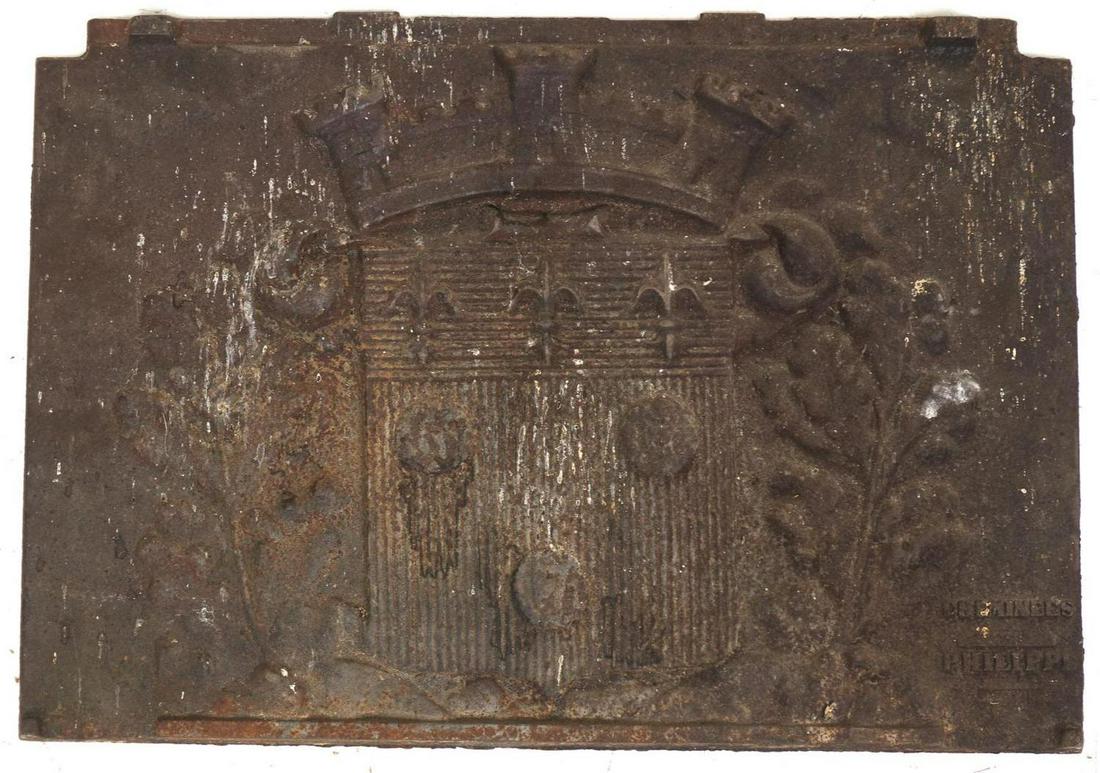 19th C. Iron Fire Front: French root fire front, circa 1850, crest motif, heavy 13"h x 19"w We happily provide seamless shipping services on everything we sell. Please email us at shipping@vogtauction.com or cal