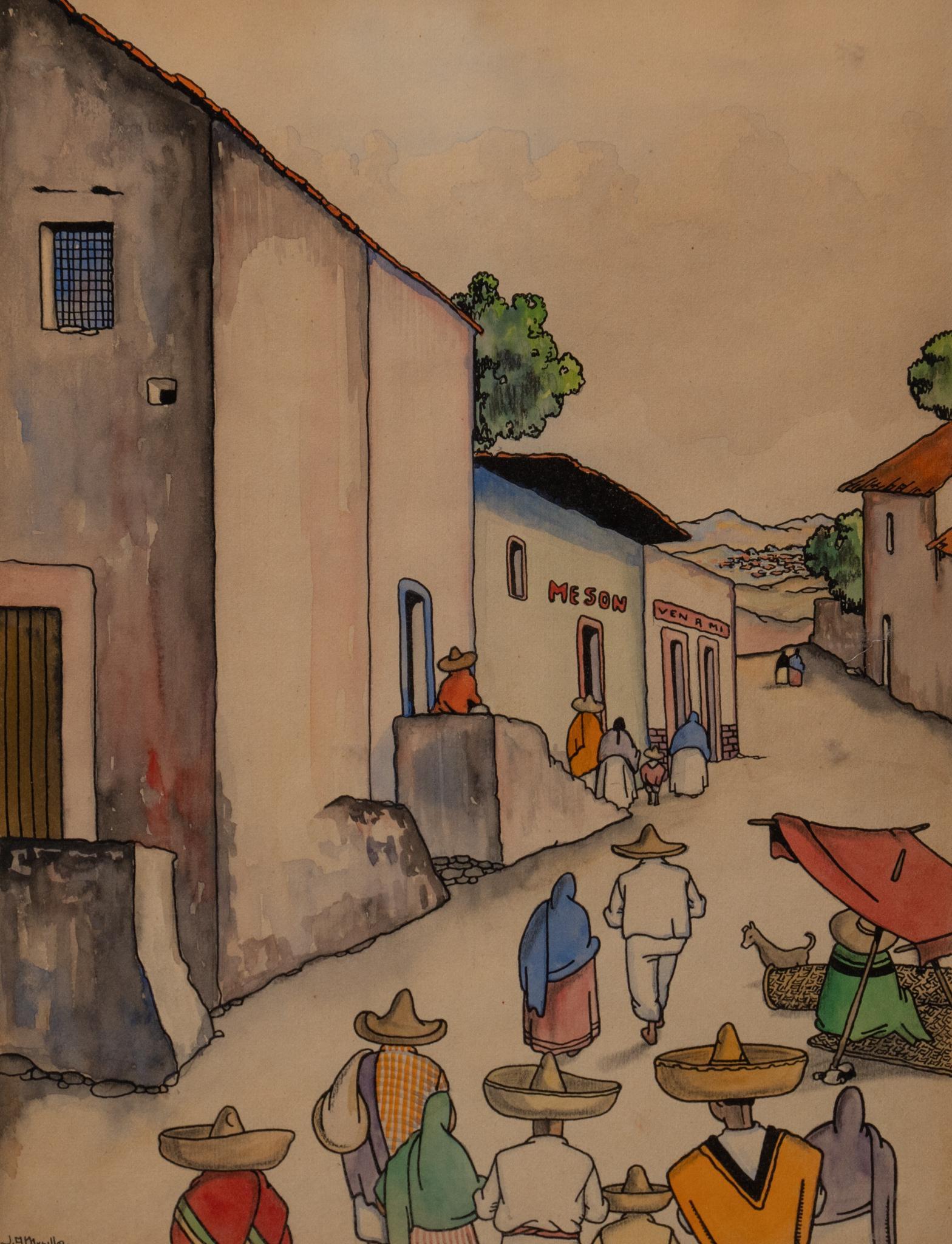 J.A. Murillo, Village Street Scene Watercolor: J.A. Murillo, Village Street Scene Watercolor, sight: 18 x 14.5", frame: 20 x 16.5" Provenance: A San Antonio, Texas collection We happily provide seamless shipping services on everything we s