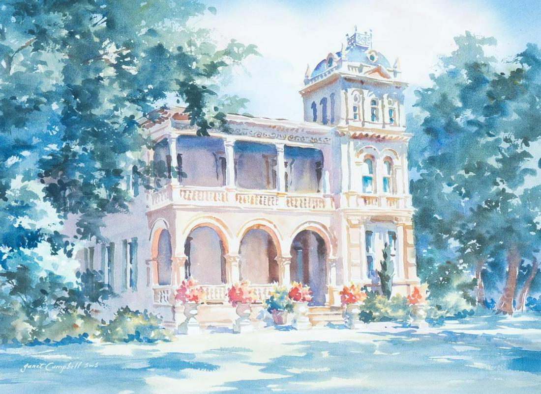 Janet Campbell (b. 1935, San Antonio, TX), Villa Finale, King William: Janet Campbell (b. 1935, San Antonio, Texas), Villa Finale Mansion in King William District, watercolor, sight: 17 x 23", frame: 26 x 32" Janet Campbell, a native of San Antonio, Texas, received her e