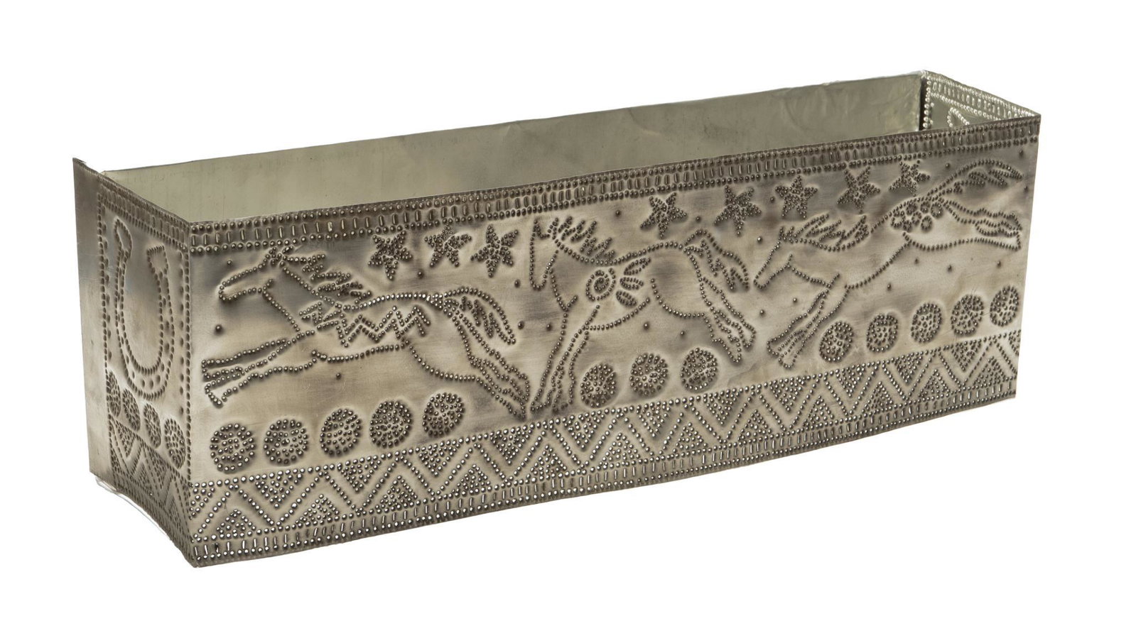 Punched Tin Light, Taos Tin Works: Pinched Tin Light entitled 'Indian Ponies', from Taos Tin Works in Taos, New Mexico, signed by Marion Moore. 9" x 24" x 7" We happily provide seamless shipping services on everythi