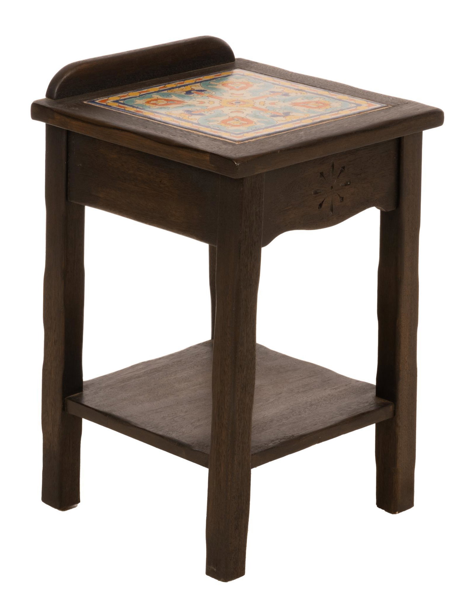 California D&M Tile Nightstand: California two-tier nightstand, featuring hand-painted D&M tile inlay, above incised apron, rising carved block legs, manufactured by Karpen Furniture 26"h x 16"w x 16"d Provenance: A San Antonio, Tex