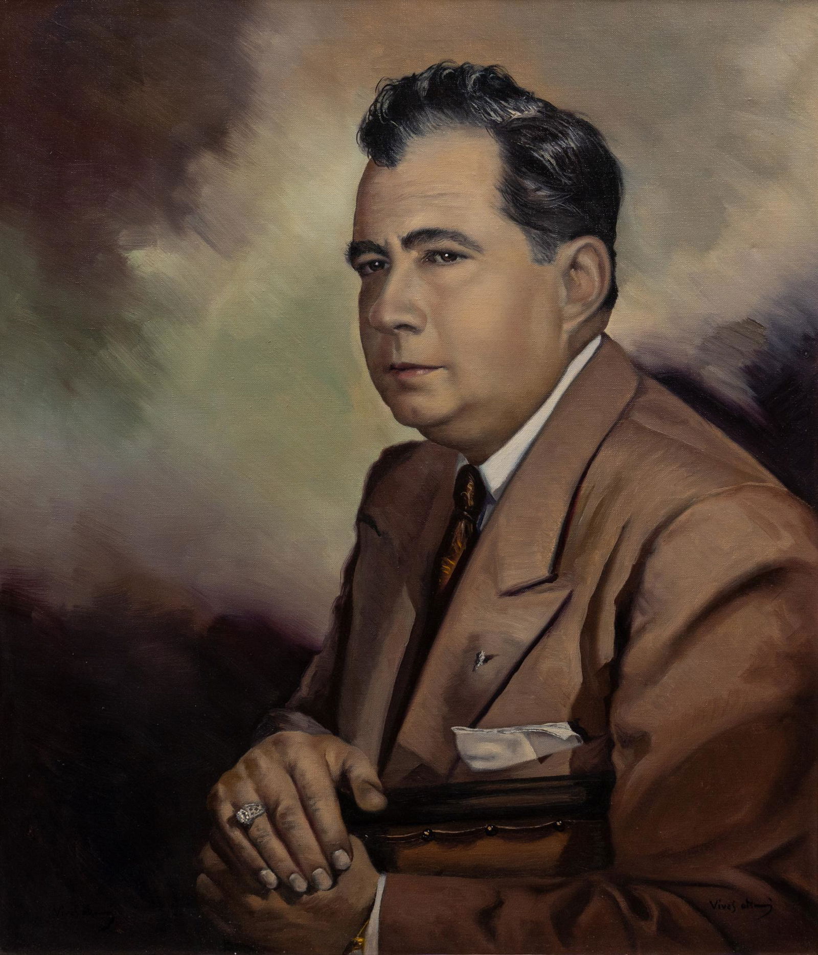 Jose Vives-Atsara (1919-2004, Spain/San Antonio, TX), Portrait of a Gentleman, 1955: Jose Vives-Atsara (1919-2004, Spain/San Antonio, Texas), Portrait of a Gentleman, 1955, oil on canvas, sight: 27 x 23", frame: 38.5 x 35" This is a portrait of Mr. J. Clair Midcap, a wealthy patron o