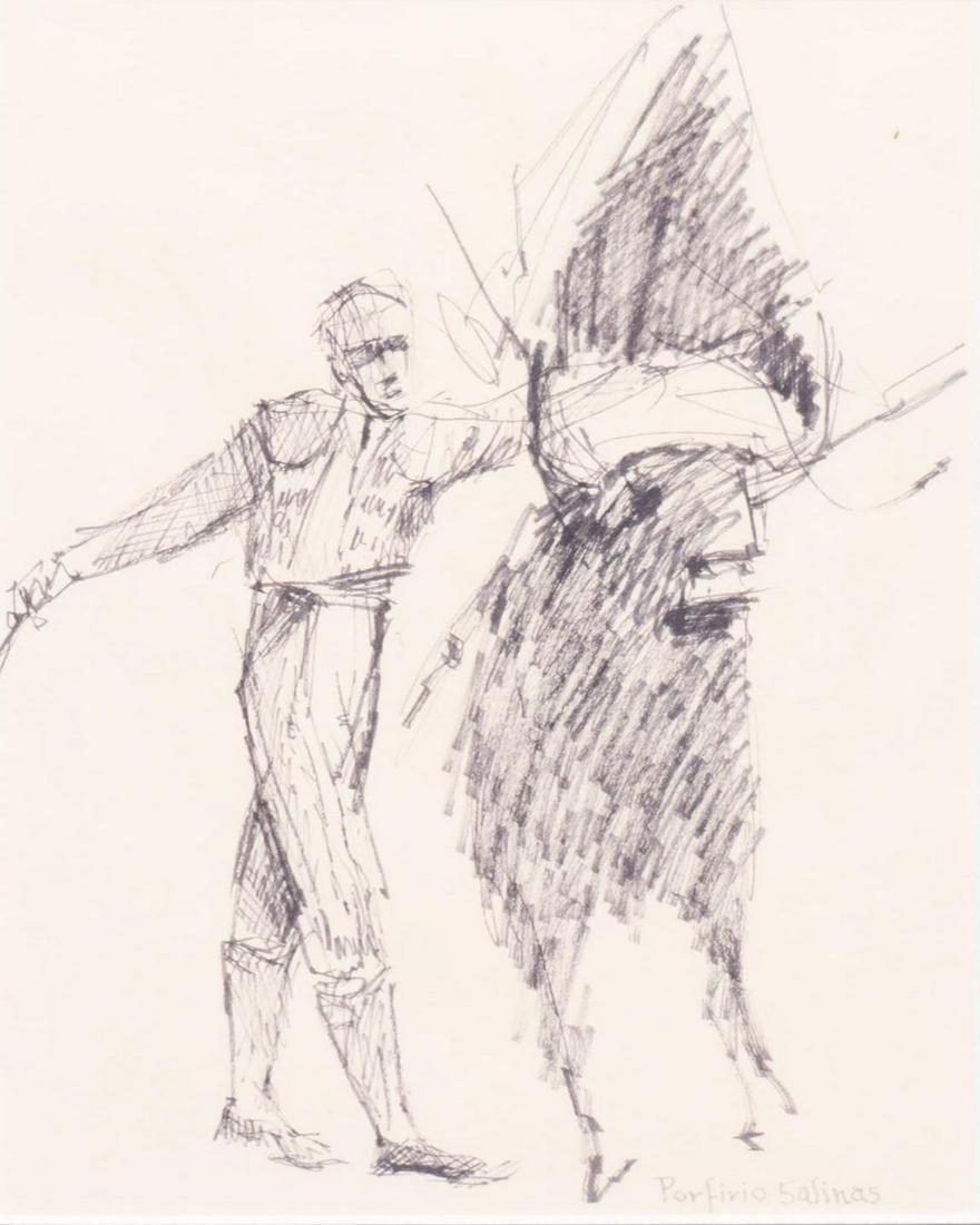 After Porfirio Salinas, Bullfighter: After Porfirio Salinas, Bullfight, marker on paper, sight: 10 x 8", frame: 15 x 12.5" Provenance: The Estate of Dr. Richard C. Garcia, San Antonio, Texas We happily provide seamless shipping services 