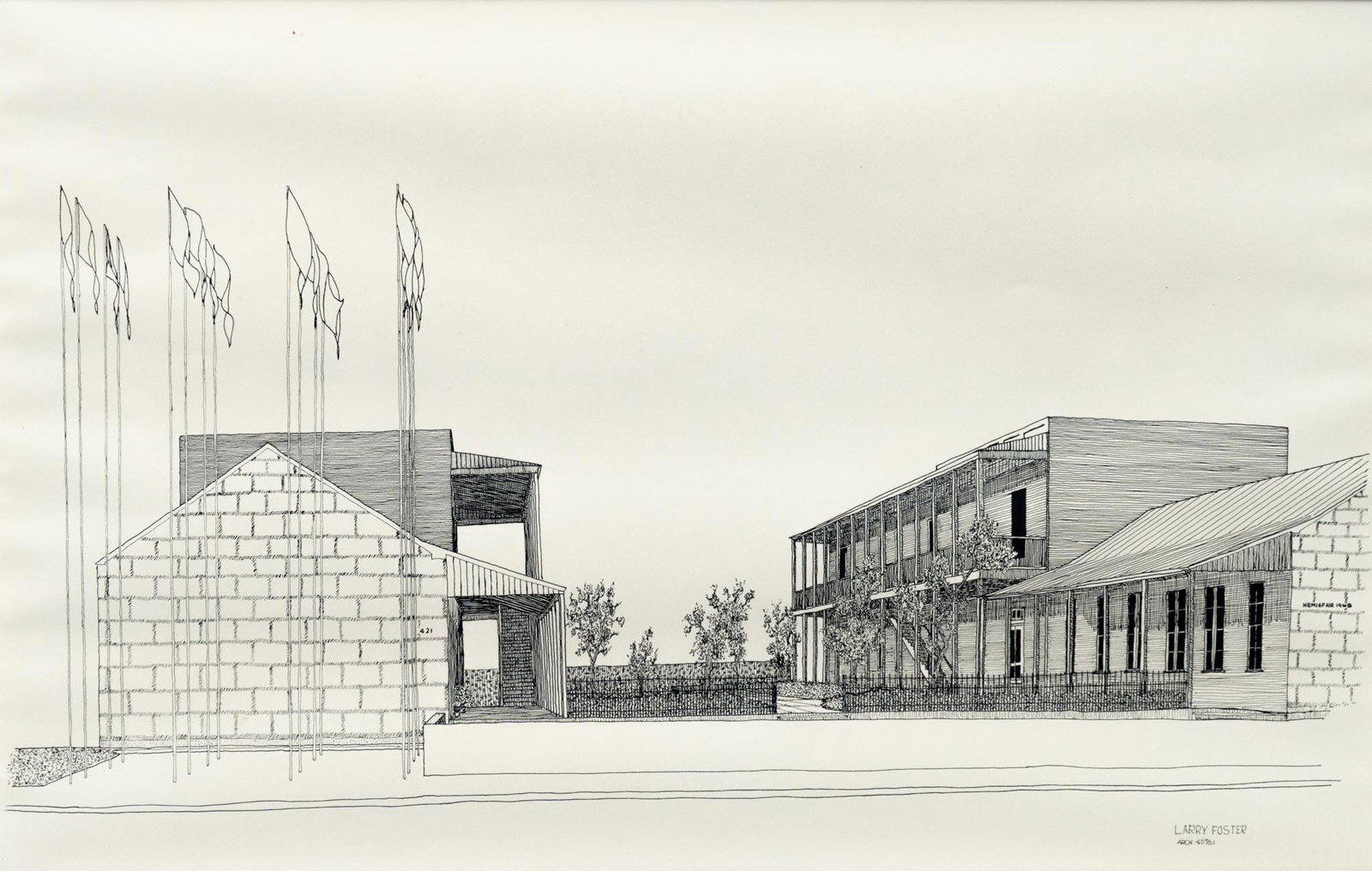 Larry Foster, Hemisfair 1968: Larry Foster, Hemisfair 1968, ink on paper, sight: 11 x 17.5", frame: 16 x 22.5" Provenance: A San Antonio, Texas collection We happily provide seamless shipping services on everything we sell