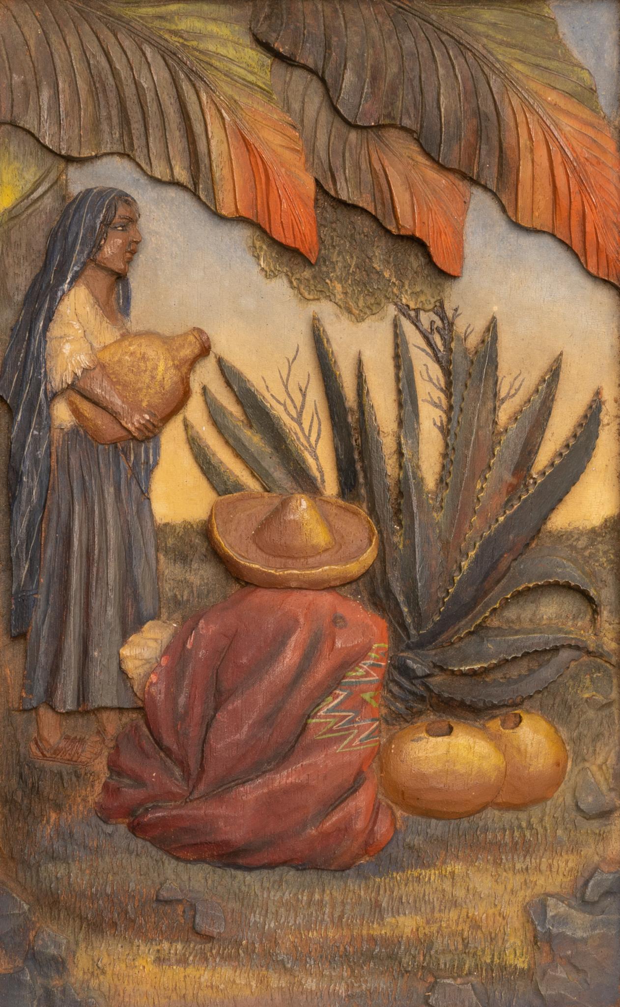 Mexican Folk Art Carved Plaque, Agave Scene (1 of 3)