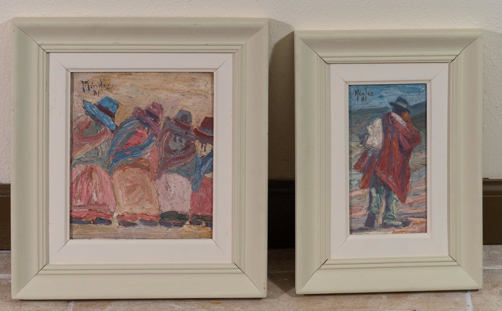Marciano Mendez (20th c., Peru), "Cholitas" & "Cholito" (2), 1981: Marciano Mendez (20th c., Peru), "Cholitas & Cholito" (2), 1981, oil on board and oil on canvas, sight: 7.5 x 6.5", frame: 12 x 11" Provenance: A San Antonio, Texas collection We h