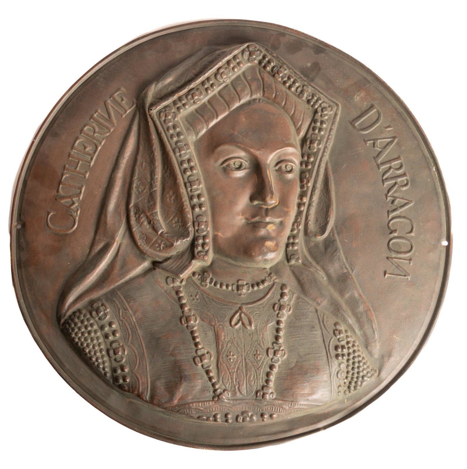 Queen Catherine D'Aragon Portrait Medallion: Patinated metal hanging portrait medallion, depicting image of Queen Catherine D'Aragon 22.5"h x 23"w x 2"d Provenance: A San Antonio, Texas collection We happily provide seamless ship