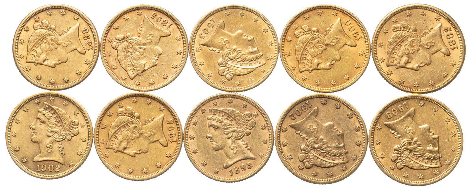 (10) US 5 Dollar Liberty Head Gold Coins: Includes: 10 US gold 5 dollar Liberty Head coins Face Value: $50 Provenance: The Estate of Doug King, Bandera, Texas We happily provide seamless shipping services on everything we sell. Please email u