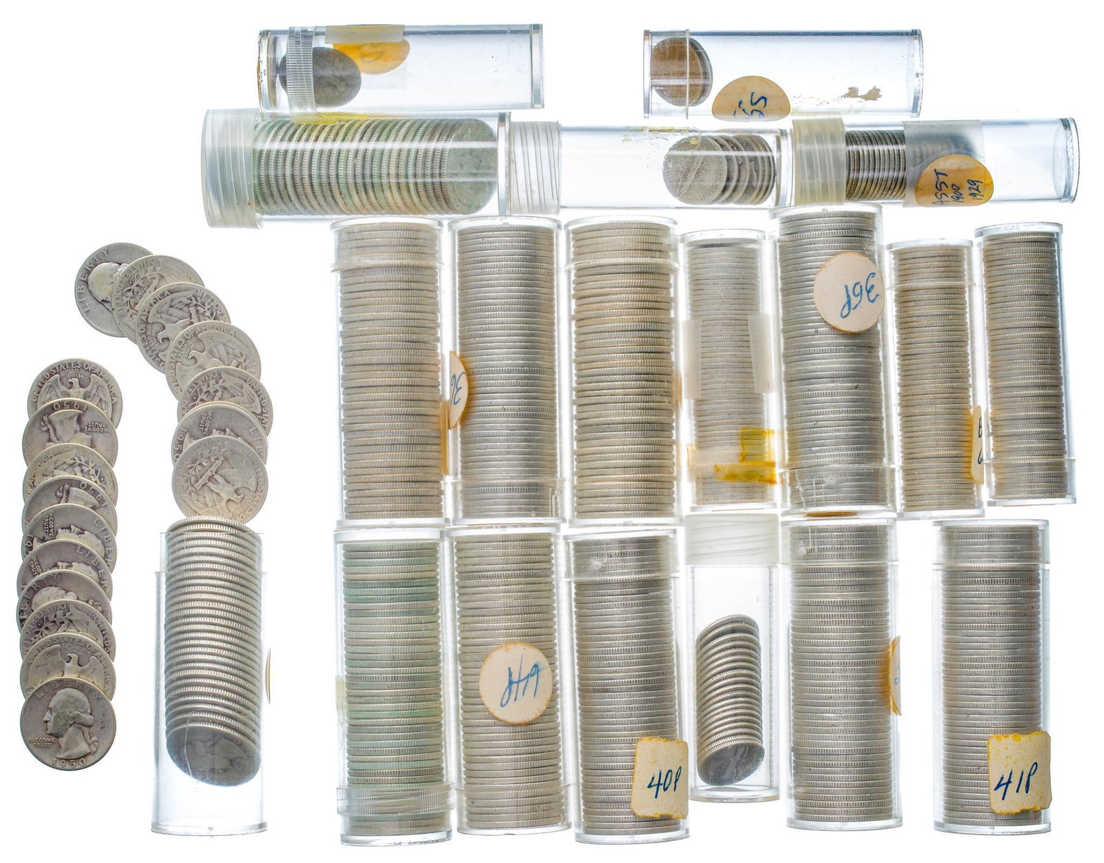 Collection of US Silver Dimes & Quarters: Includes: mixed silver dimes & quarters -Roosevelt Dimes: (2) 1955 S, (3) 1955 D, (50) 1963 uncirculated, (50) 1964 uncirculated, (50) 1964 -Mercury Dimes: (28) 1920-1929, (19) 1936, (7) 1937 -Qua