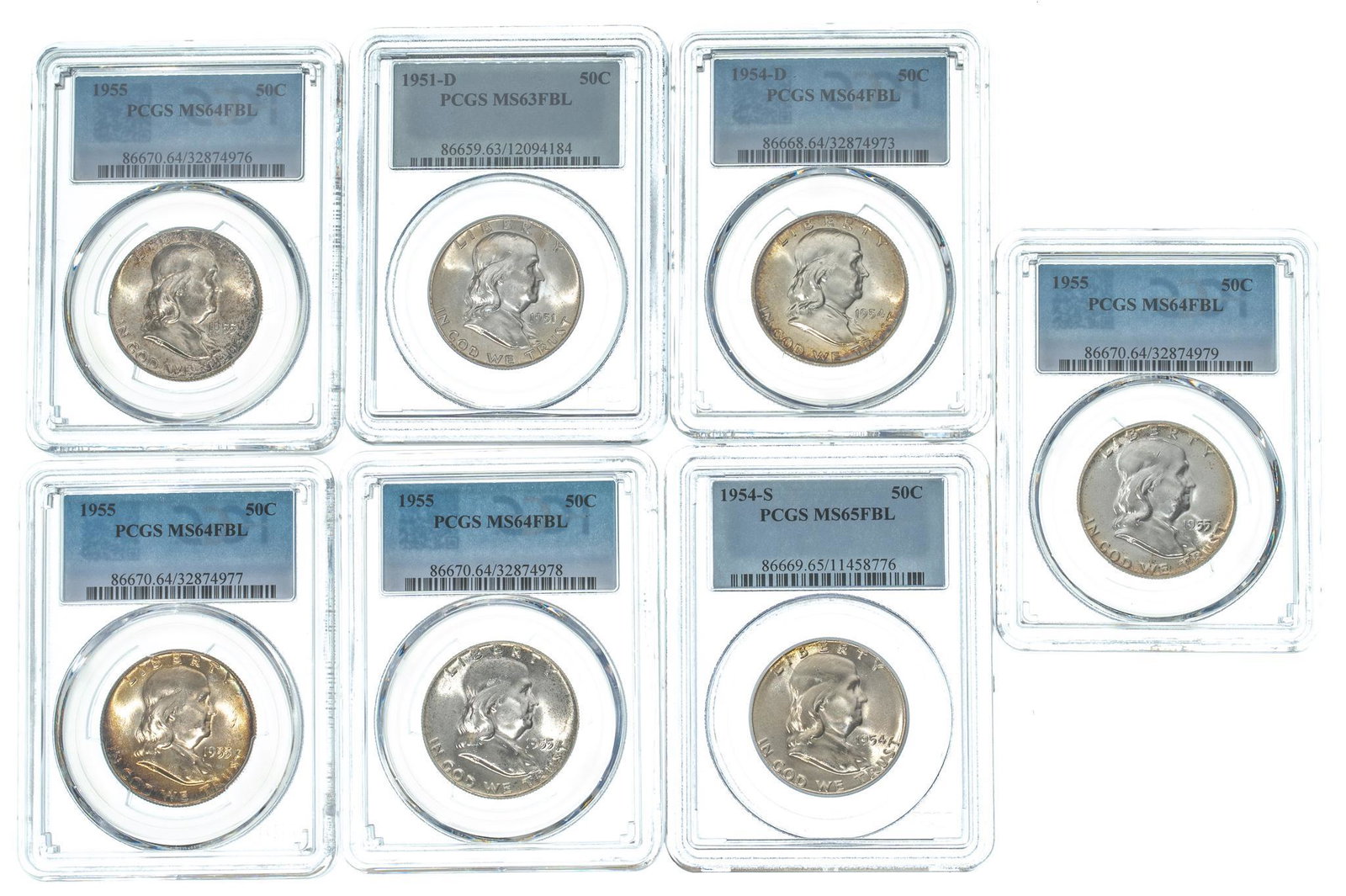 (7) Graded Benjamin Franklin Half Dollars: Includes: 7 pieces of graded Benjamin Franklin silver half dollars 7-MS Face Value: $3.50 Provenance: The Collection of Nancy Willis, San Antonio, Texas We happily provide seamless shipping services o
