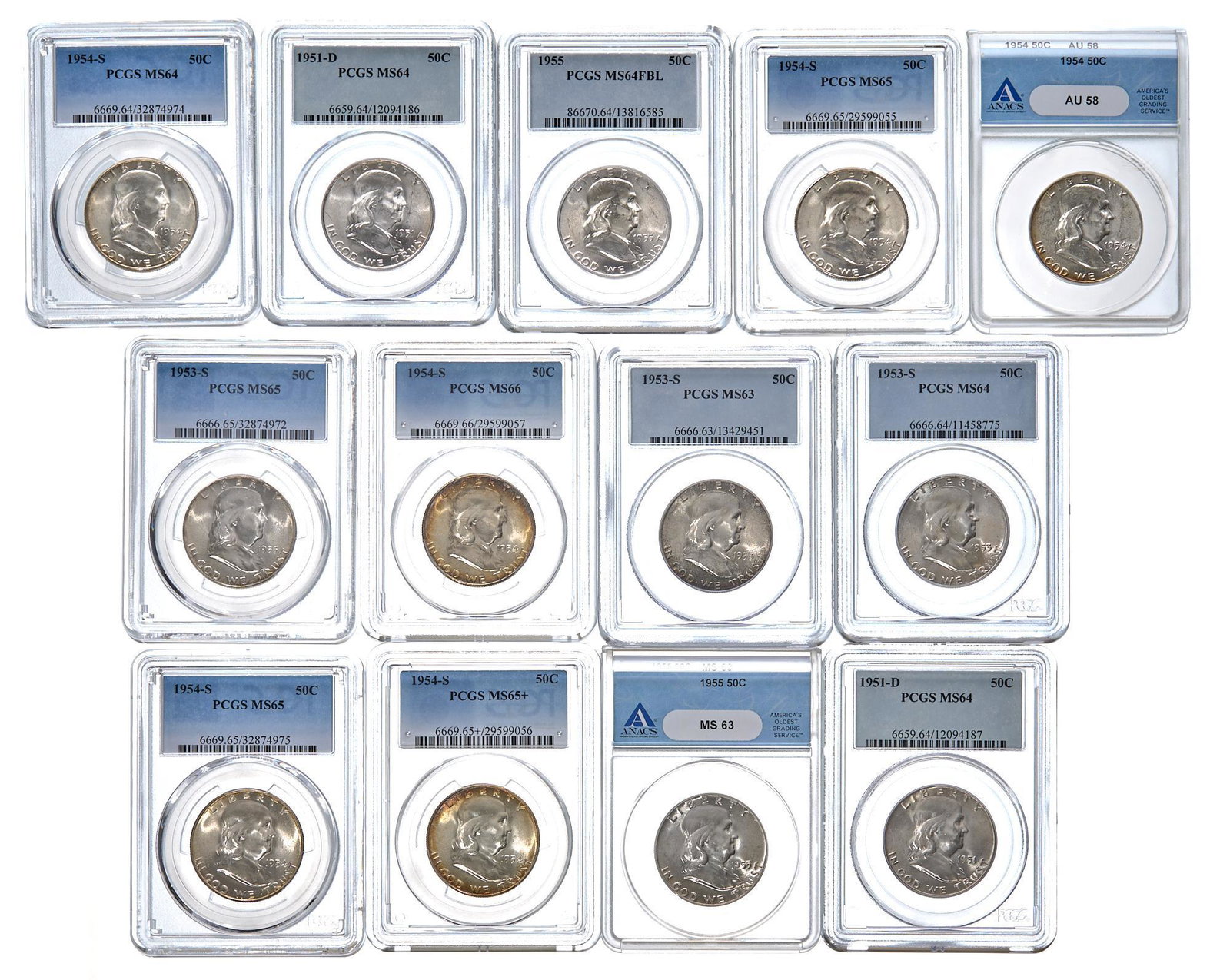 (13) Graded Benjamin Franklin Half Dollars: Includes: 13 pieces of graded Benjamin Franklin silver half dollars - 12 MS - 1 AU Face Value: $6.50 Provenance: The Collection of Nancy Willis, San Antonio, Texas We happily provide seamless shipping