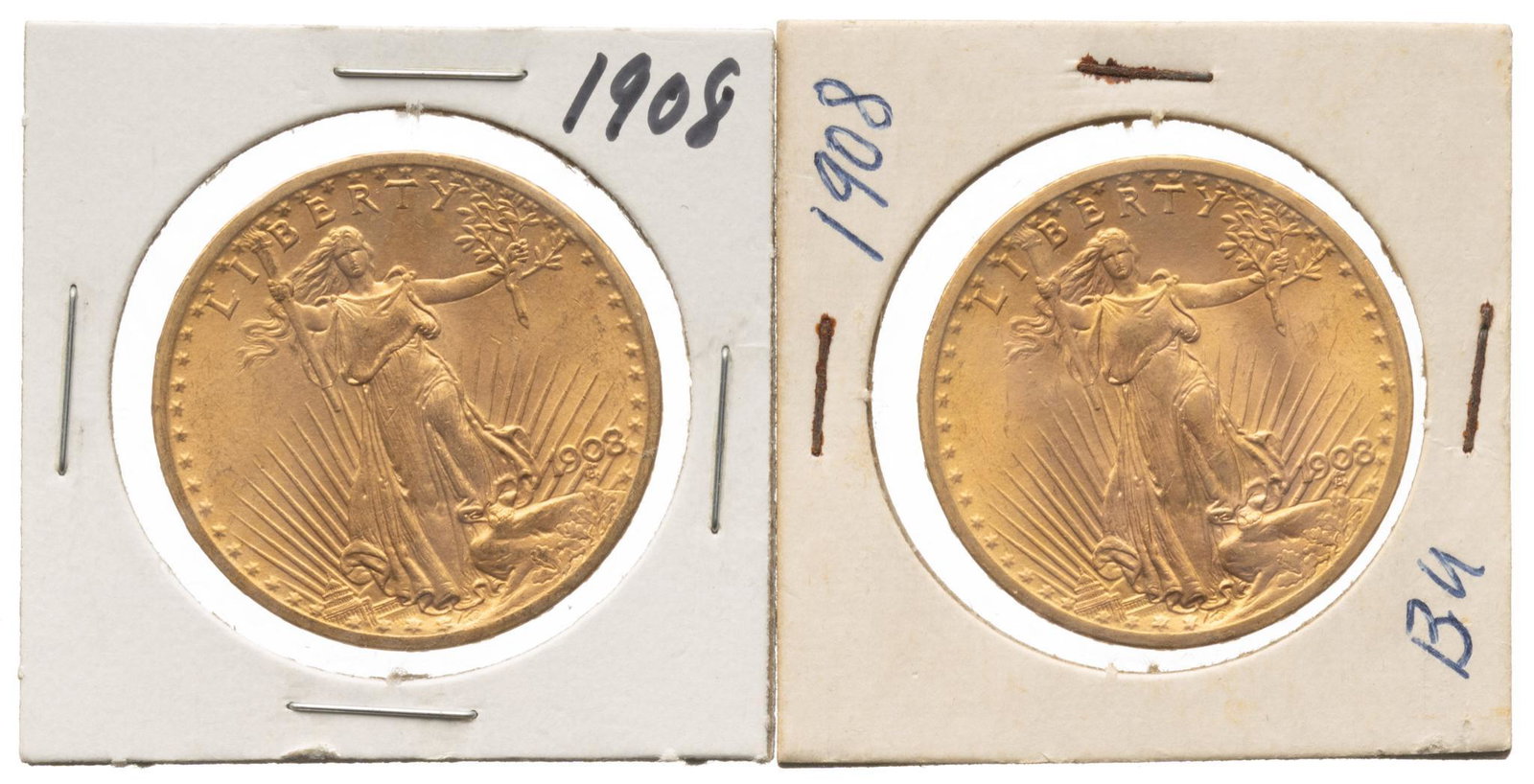 (2) US 20 Dollar Saint Gaudens Gold Coins: Includes: 2 US 20 dollar Saint Gaudens gold coins 2- 1908 (No Motto) Face Value: $40 Provenance: A New Braunfels, Texas collection We happily provide seamless shipping services on everything we sell. 