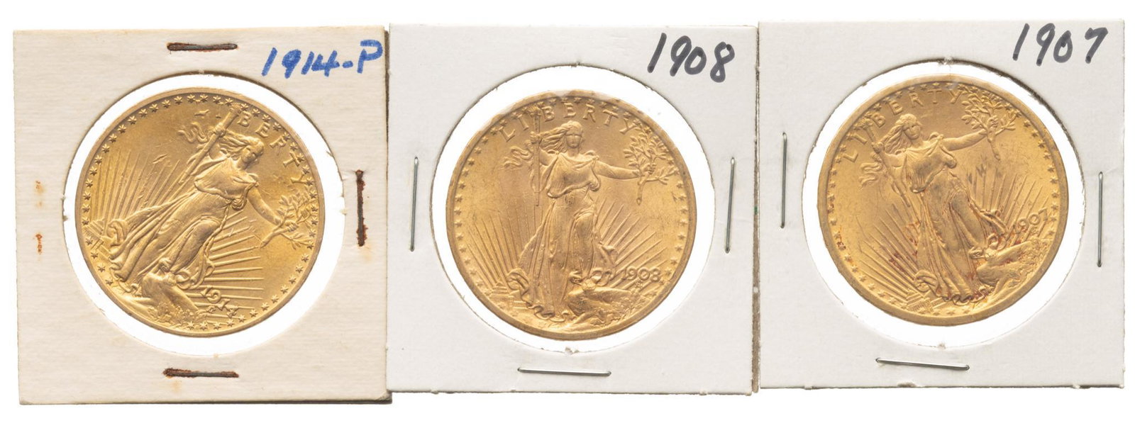 (3) US 20 Dollar Saint Guadens Gold Coins: Includes: 3 US 20 dollar Saint Gaudens gold coins 1- 1907 (No Motto) 1- 1908 1- 1914 Face Value: $60 Provenance: A New Braunfels, Texas collection We happily provide seamless shipping services on eve