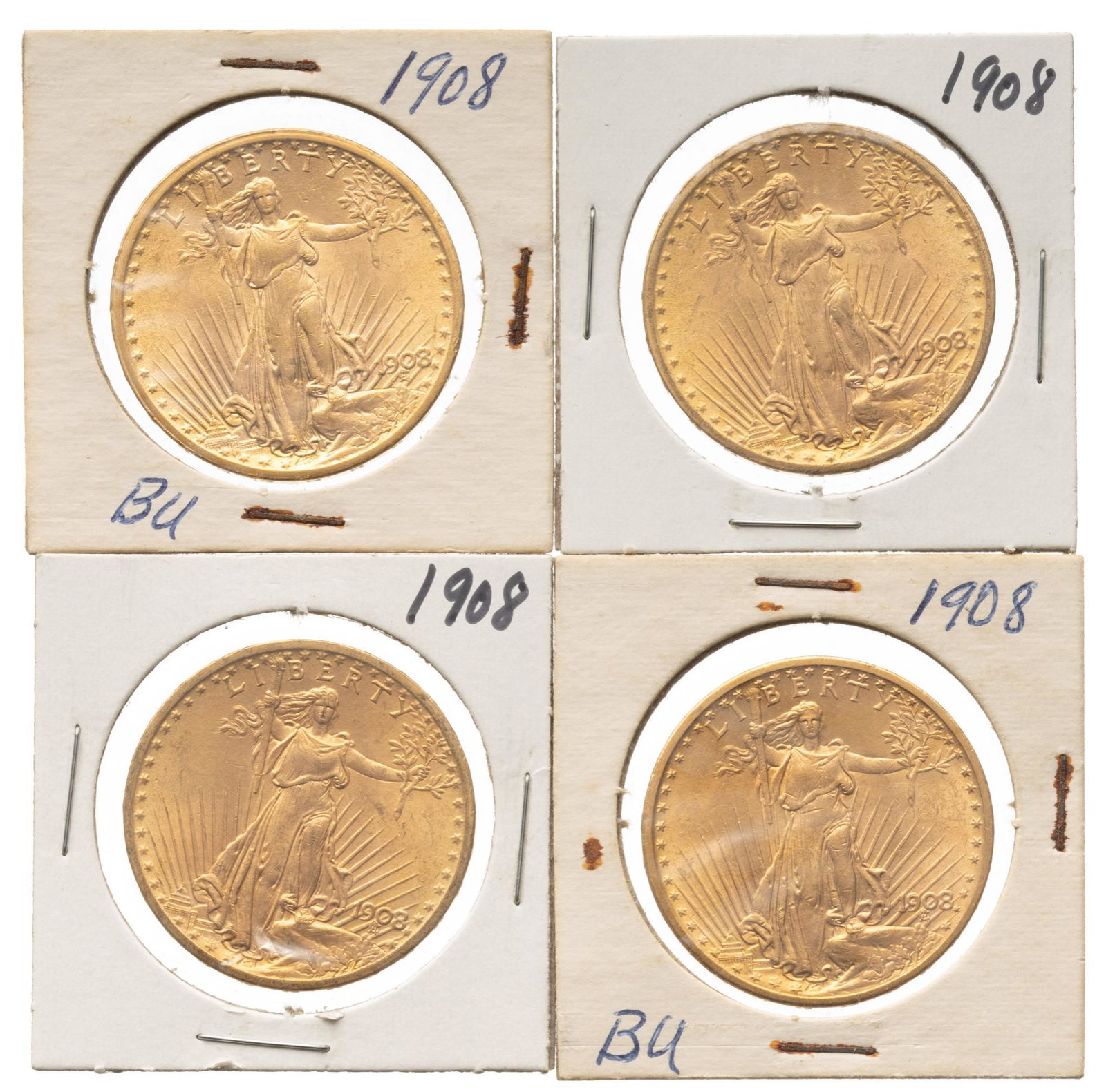 (4) US 20 Dollar Saint Gaudens Gold Coins: Includes: 4 US 20 dollar Saint Gaudens gold coins 4- 1908 (No Motto) Face Value: $80 Provenance: A New Braunfels, Texas collection We happily provide seamless shipping services on everything we sell. 