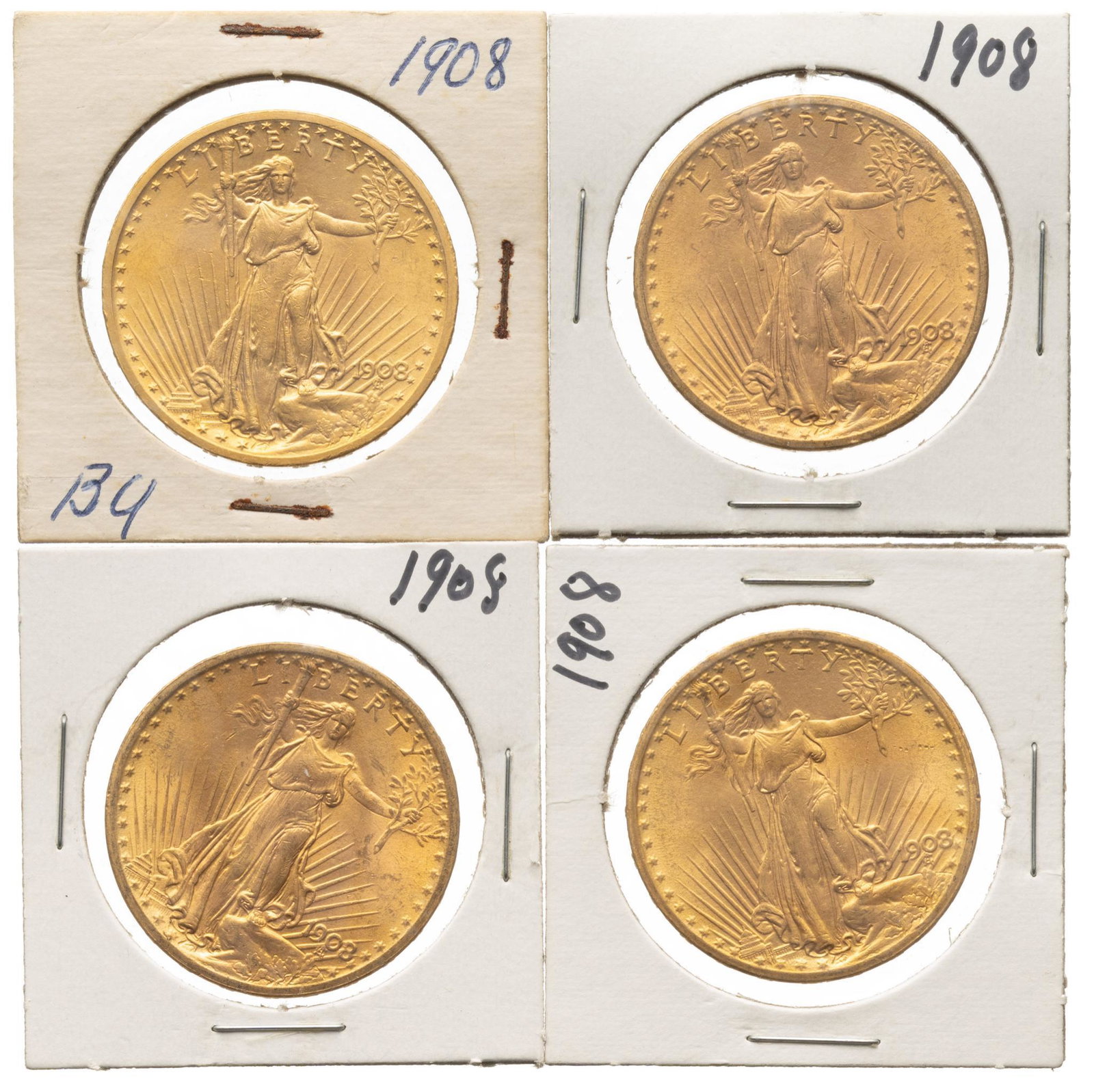 (4) US 20 Dollar Saint Gaudens Gold Coins: Includes: 4 US 20 dollar Saint Gaudens gold coins 4- 1908 (No Motto) Face Value: $80 Provenance: A New Braunfels, Texas collection We happily provide seamless shipping services on everything we sell. 