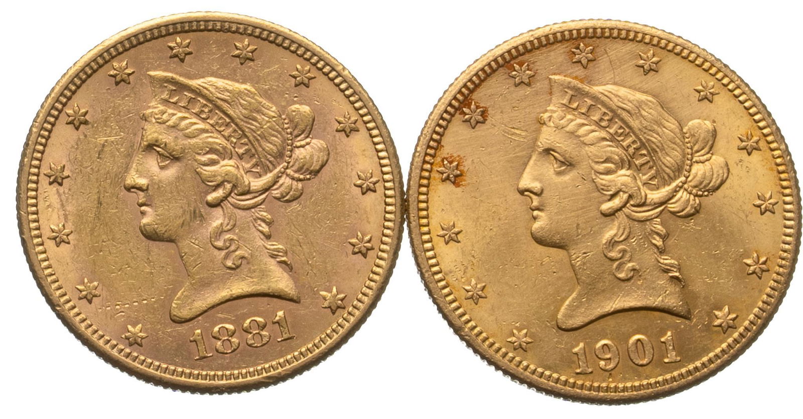 (2) US 10 Dollar Liberty Head Gold Coins (1 of 2)