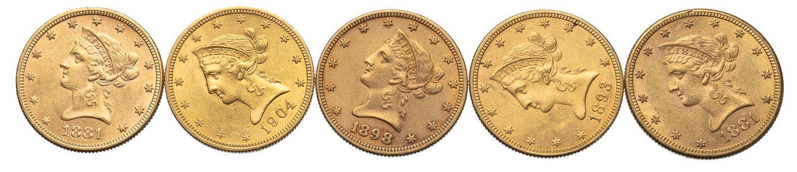 (5) US 10 Dollar Liberty Head Gold Coins (1 of 2)