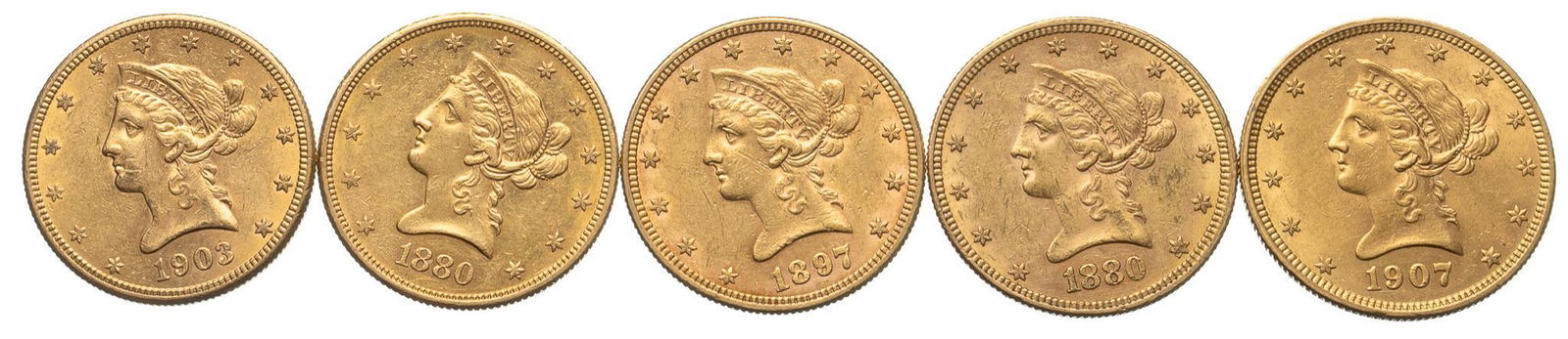 (5) US 10 Dollar Liberty Head Gold Coins (1 of 2)