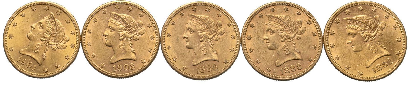 (5) US 10 Dollar Liberty Head Gold Coins (1 of 2)