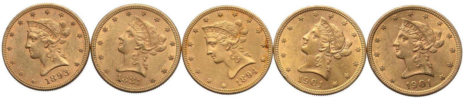 (5) US 10 Dollar Liberty Head Gold Coins (1 of 2)