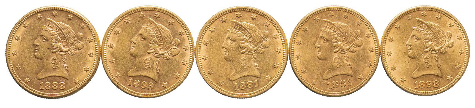 (5) US 10 Dollar Liberty Head Gold Coins (1 of 3)