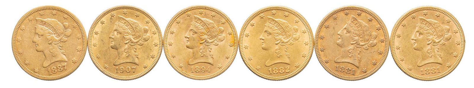 (6) US 10 Dollar Liberty Head Gold Coins (1 of 2)