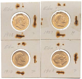 (4) British Gold Sovereign Coins: Includes:  4- King Edward VII Gold Sovereign Coins   Provenance: A New Braunfels, Texas collection  We happily provide seamless shipping services on everything we sell. Please email us at shipping&#64