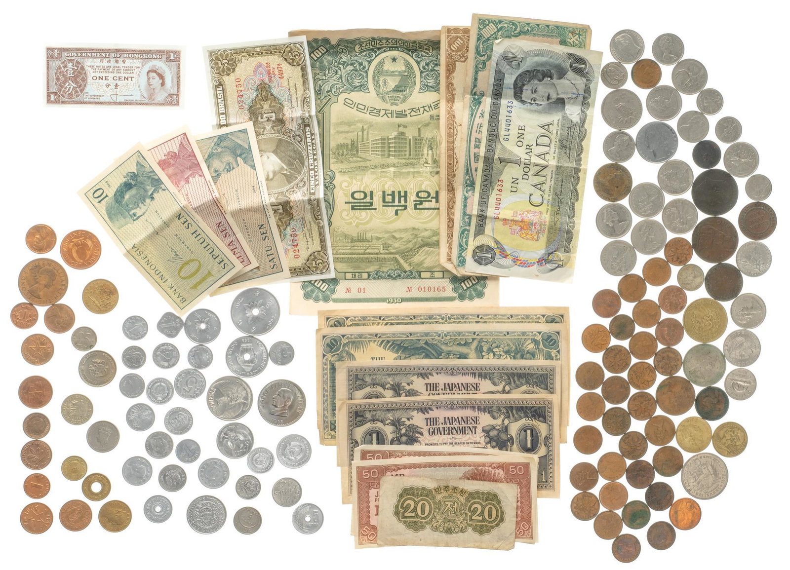 Mixed Foreign Currency: Includes: Foreign coins and paper moneys from many nations including Indonesia, Brazil, Hong Kong, Haiti, Ghana, Germany, Czechoslovakia, Columbia, Jamaica, Laos and others, also includes collection o