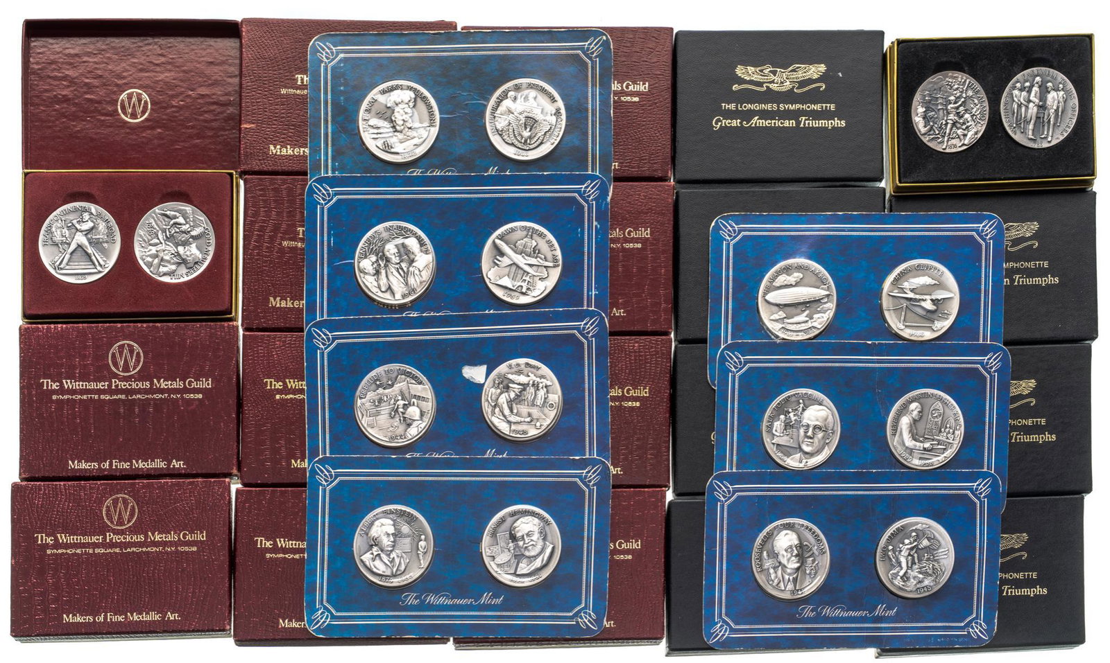 (26) Longines Symphonette American Triumph Medals: Includes: 26 American Triumph medals from Longines Symphonette, detailing prolithic American events such as the victory at Iwo Jima; all sterling silver. Provenance: The Collection of Nancy Willis, Sa