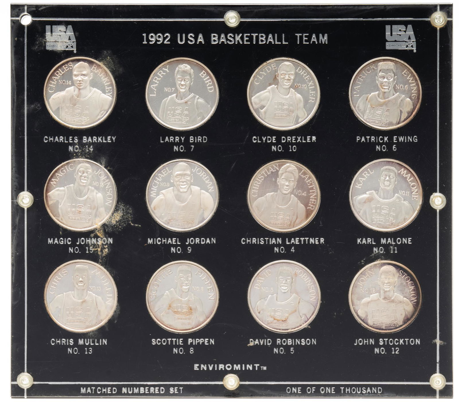 (12) 1992 USA "Dream Team" Olympics Basketball Silver Coins: Includes: 1992 silver 12 piece USA Olympics basketball team coins Provenance: The Estate of Phyllis Vincent, Dallas, Texas We happily provide seamless shipping services on everything we sell. Please