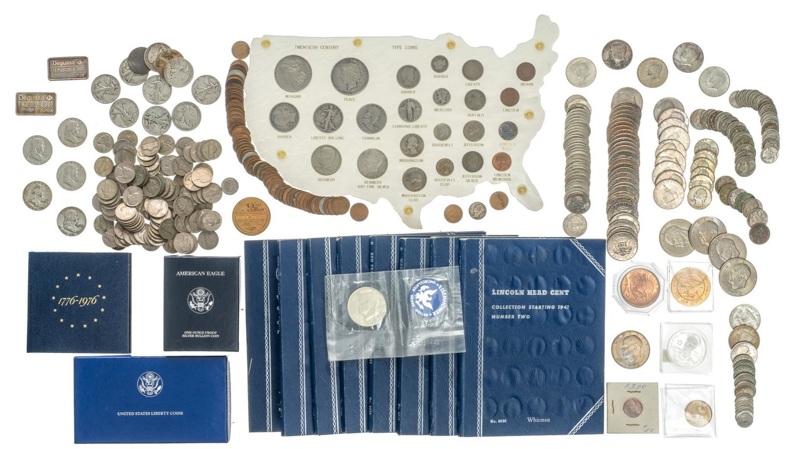 Mixed 1900's Coins & Silver Oz bars: Includes: silver dimes, silver quarters, silver half dollars, silver dollars, nickels, dimes, quarters, half dollars, and silver Oz bars Provenance: The Collection of Jan & Frank Newton, Cordiller