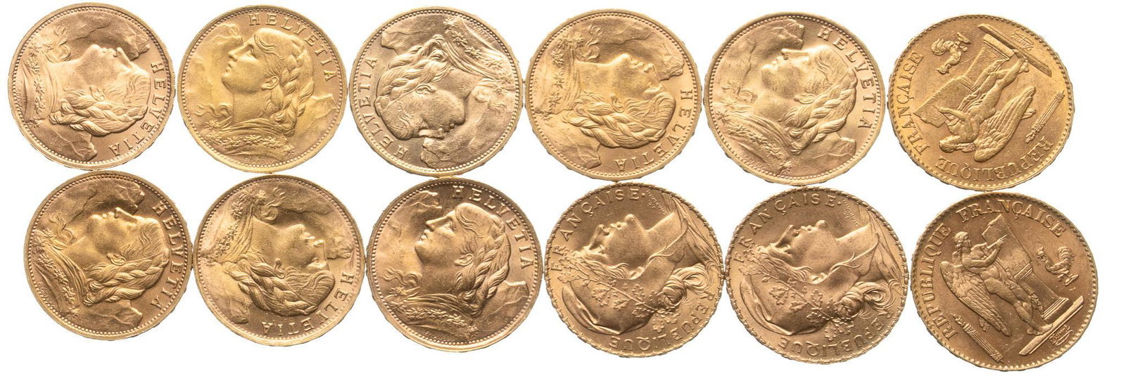 (12) Mixed Gold Swiss & French 20 Franc Coins (1 of 1)