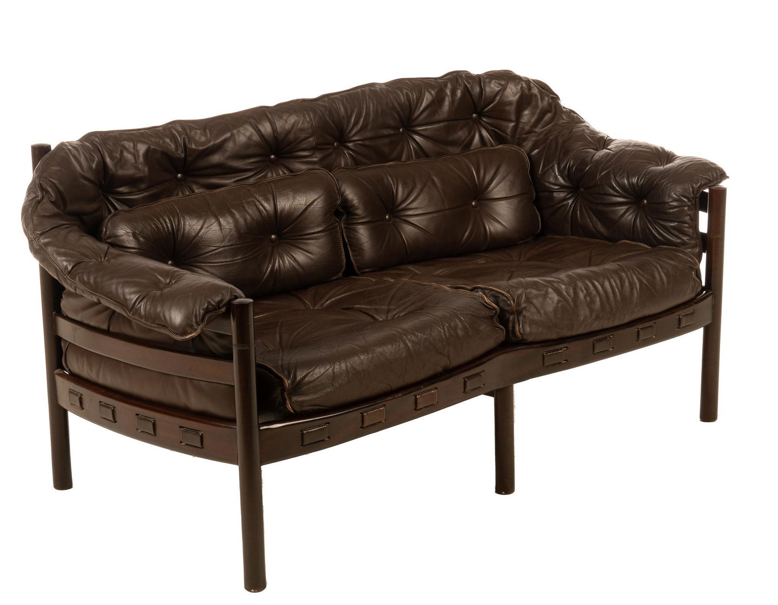 Arne Norell Design Love Seat: Arnell Norell design love seat, having wooden two frame, with ladder back, featuring leather accents, supporting brown leather upholstery, rising on block legs 29"h x 58"w x 27"d We happily provide