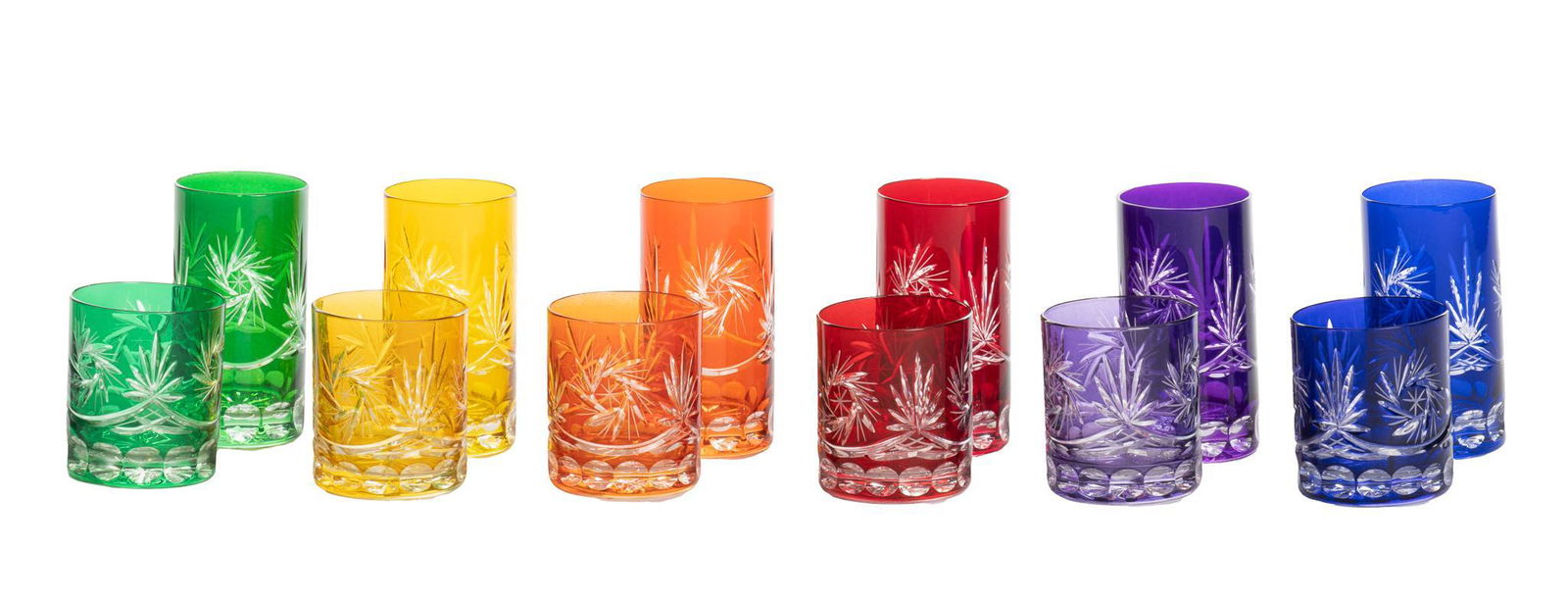 (12) Cut to Clear Glassware Tumblers: Set of twelve cut-to-clear glassware to include larger and shorter tumblers in green, yellow, orange, red, purple and blue 5.5"h x 2.5"w x 2.5"d We happily provide seamless shipping services on ever