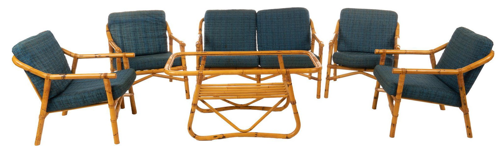 Mid-Century Bamboo Outdoor Patio Set: Mid-Century outdoor patio set, featuring bamboo frames, supporting blue upholstery, to include four armchairs, one loveseat, one coffee table 25"h x 43"w x 28"d Note: Coffee table missing glass insert