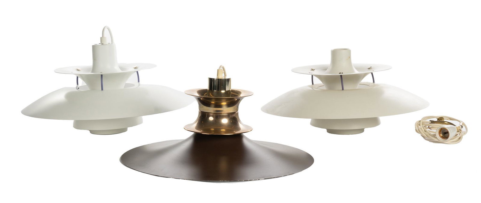 After Horn (20th C., DNK) Set of (3) Mid-Century Atomic Chandeliers: After Horn Design (20th C., Denmark), Set of three Mid-Century pendant light chandeliers, having iron frames, to include European wiring 11"h x 20"w x 20"d / tallest We happily provide seamless shippi
