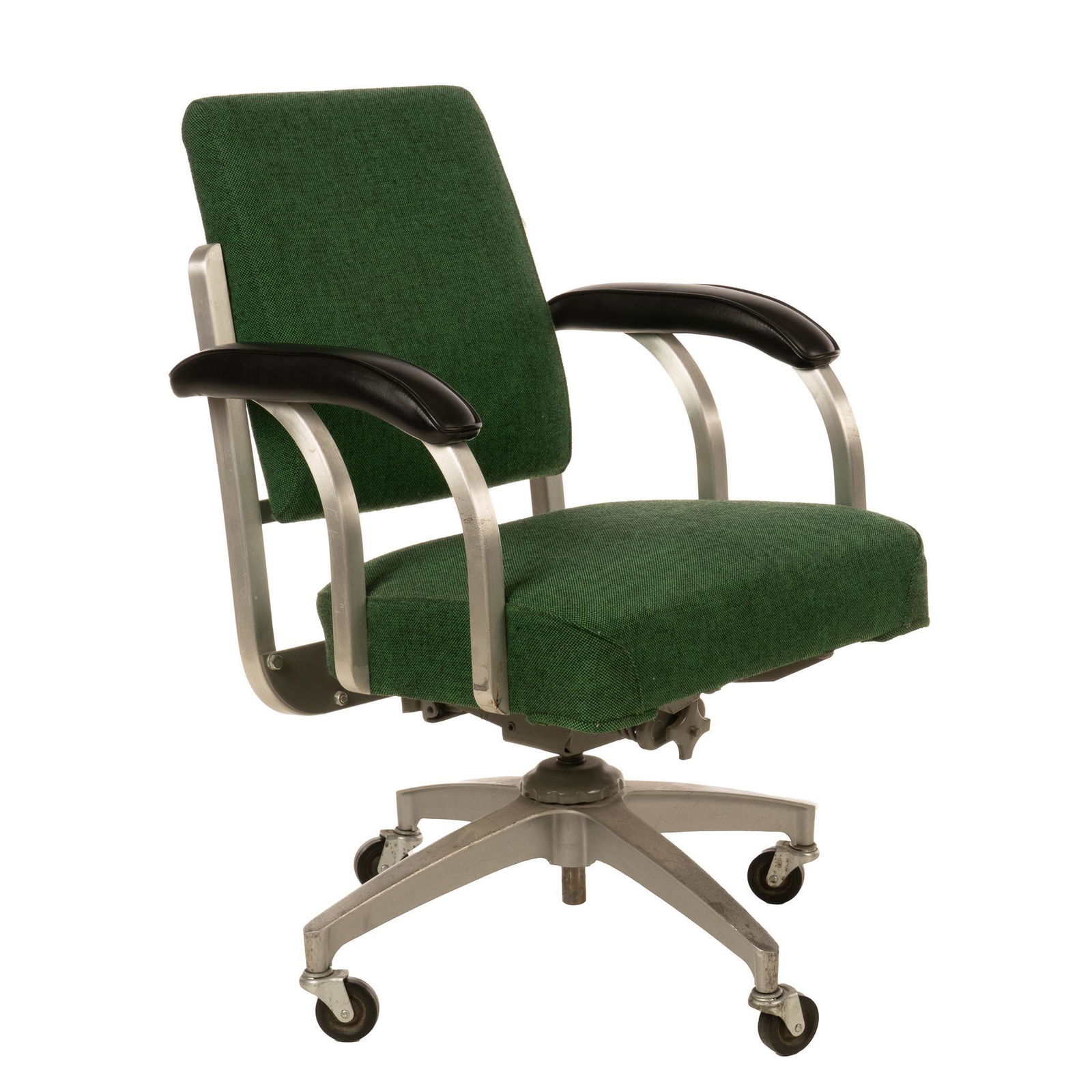 Mid-Century Shaw Walker Style Office Chair: Mid-Century Shaw Walker style office chair, featuring green upholstery, supported in steel frame, rising on swivel base, ending in casters 35"h x 26"w x 23"d Condition: Screw on right arm missing, s