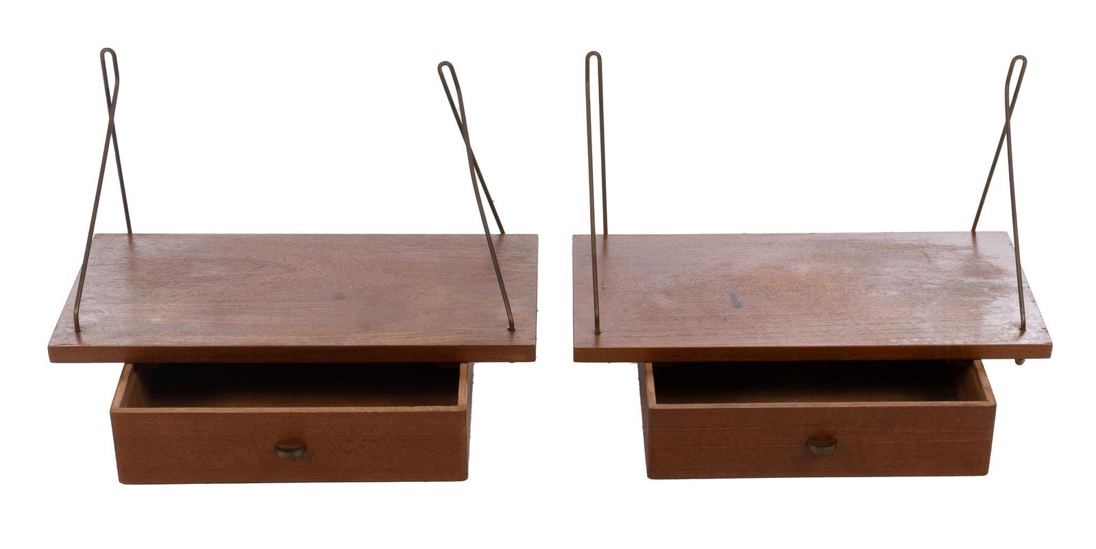 Pair of Danish Mid-Century Wall Mounted Nightstands: Pair of matching Danish Mid-Century wall mounted nightstands, having metal supports, above oversized top, drawer, opening to interior storage 10.5"h x 16"w x 8"d We happily provide seamless shipping s