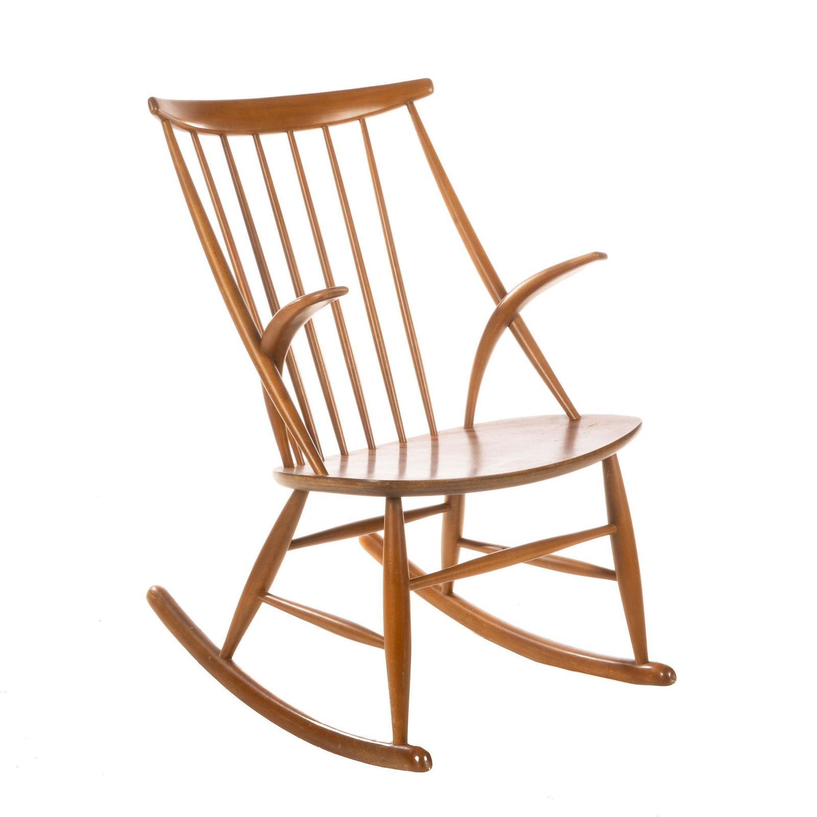 Danish Mid-Century Rocking Chair by Illum WikkelsÃ¸Â¸ (1919-1999, DNK) for Niels Eilersen: Danish Mid-Century rocking chair, design by Illum WikkelsÃ¸Â¸ (1919-1999, DNK) for Niels Eilersen, having wooden frame, curved arms, supported on rockers 36"h x 23"w x 29"d We happily provide se