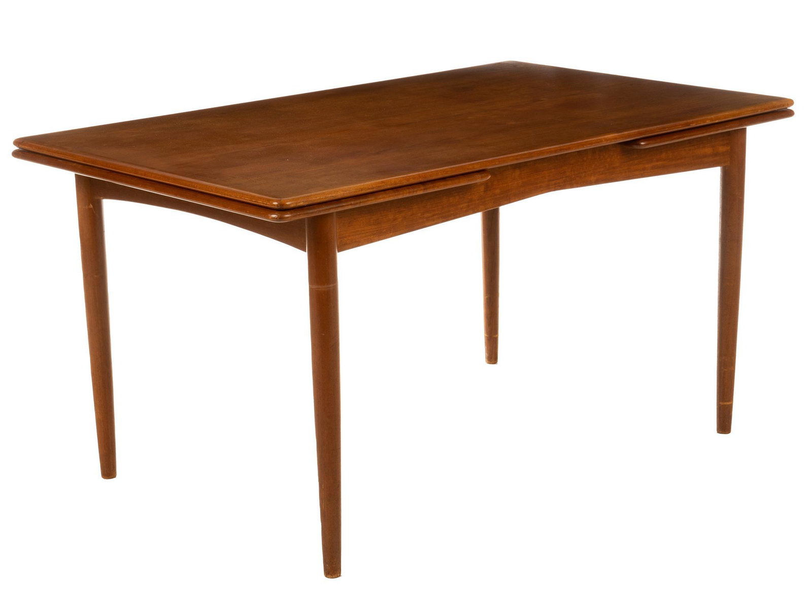 Danish Mid-Century Extending Dining Table: Danish Mid-Century extending dining table, having rectangular top, sliding leaves, supported on pin legs, extends to 95" 29"h x 55"w x 34.5"d We happily provide seamless shipping services on everythin