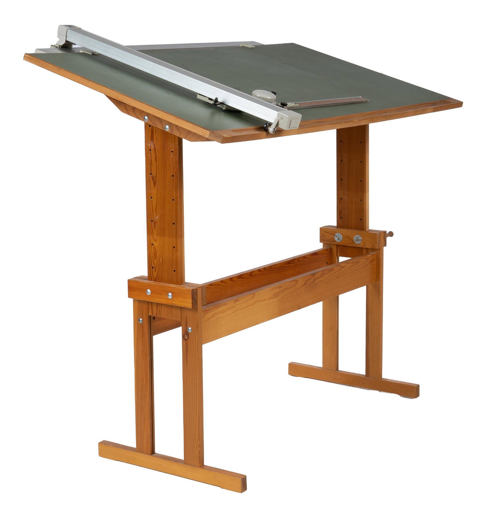 Danish Mid-Century Drafting Chalkboard Table: Danish Mid-Century drafting table, featuring chalkboard top, featuring T-square, ruler attachment 47.5"h x 52"w x 33"d We happily provide seamless shipping services on everything we sell. Please email