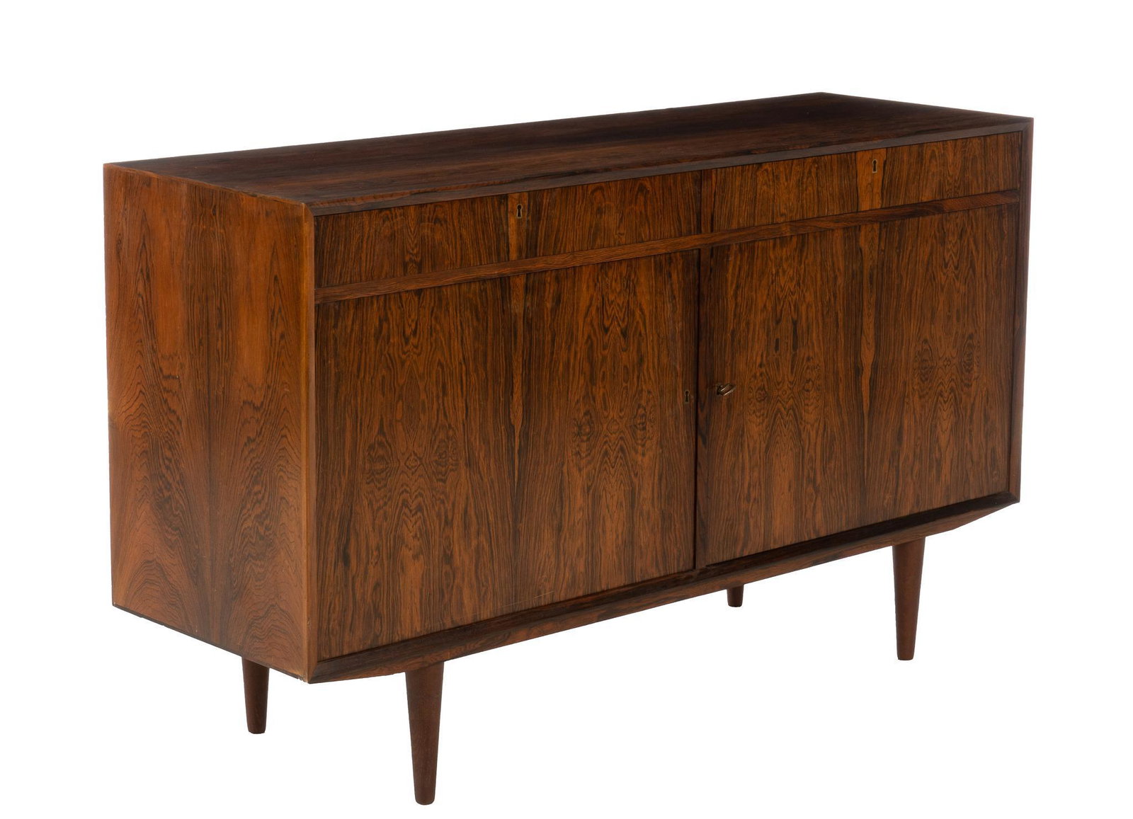 Danish Mid-Century Credenza: Danish Mid-Century rosewoood credenza/sideboard, having drawers, above cabinet doors, opening to interior shelves, to include key, rising on pin legs 33"h x 55"w x 18"d We happily provide seamless shi