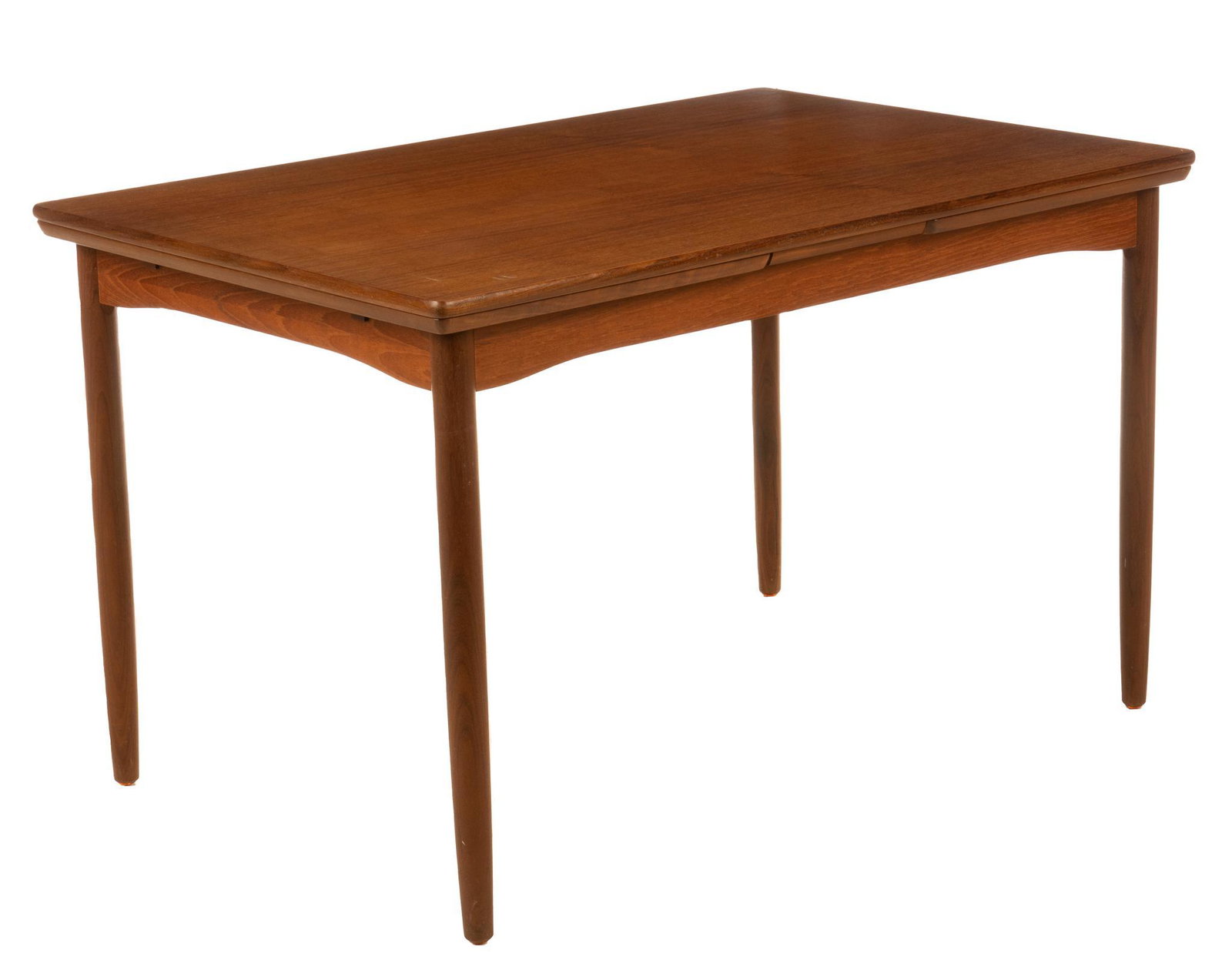 Danish Mid-Century Extending Dining Table: Danish Mid-Century extending dining table, having rectangular top, sliding leaves, supported on pin legs, extends to 87.5" 30"h x 49"w x 32"d We happily provide seamless shipping services on everythin