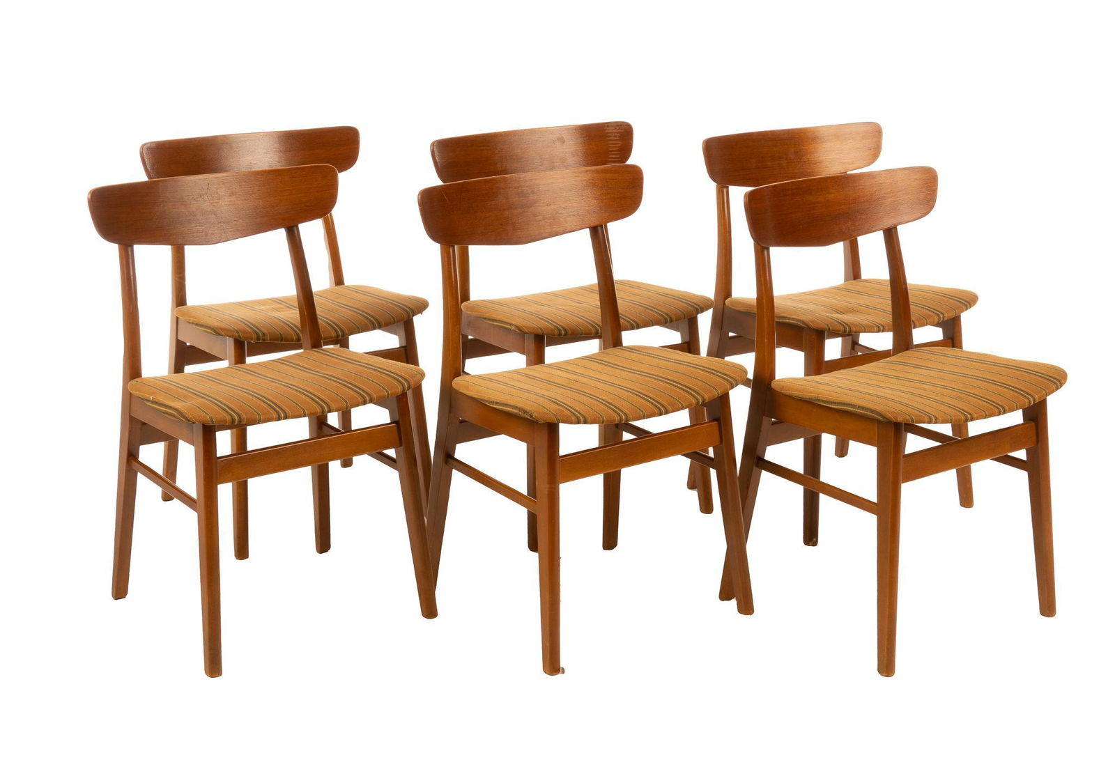 After Hans Wegner, Set of (6) Mid-Century Dining Chairs: Set of six matching Mid-Century dining chairs, featuring striped upholstery, rising on stretchered pin legs, design after Hans J. Wegner 30"h x 18"w x 15"d We happily provide seamless shipping servi